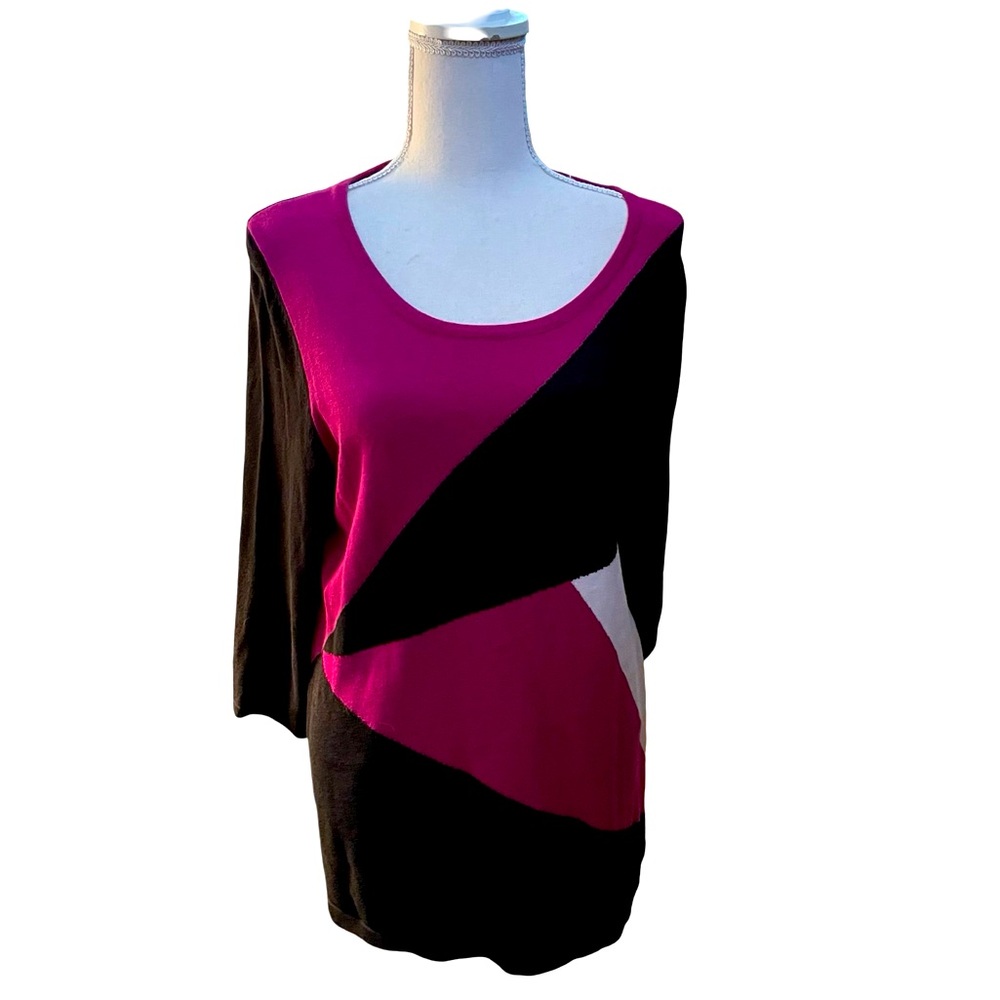 Allison Daley pink raspberry magenta black Colorblock sweater size medium cotton - Picture 3 of 14